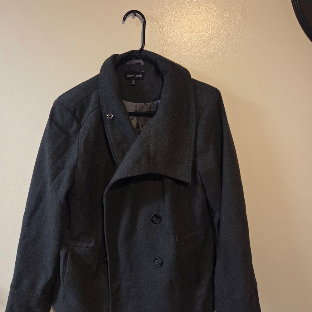 New Look Mens Charcoal Gray Pea Coat Double Breasted Funnel Neck Jacket XL